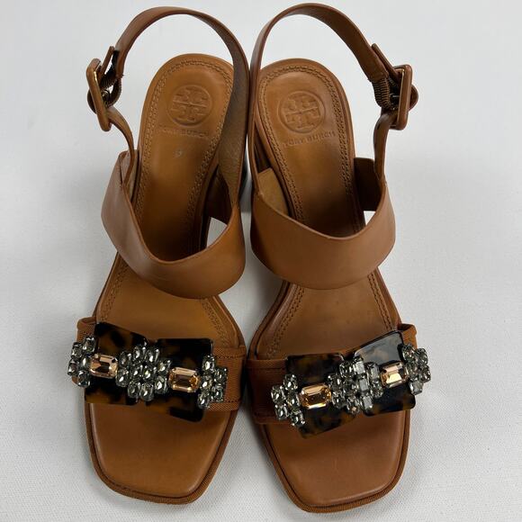 Tory Burch Delaney Embellished Sandal Camel Brown Tortoise Crystal Size 7.5M - Picture 4 of 11